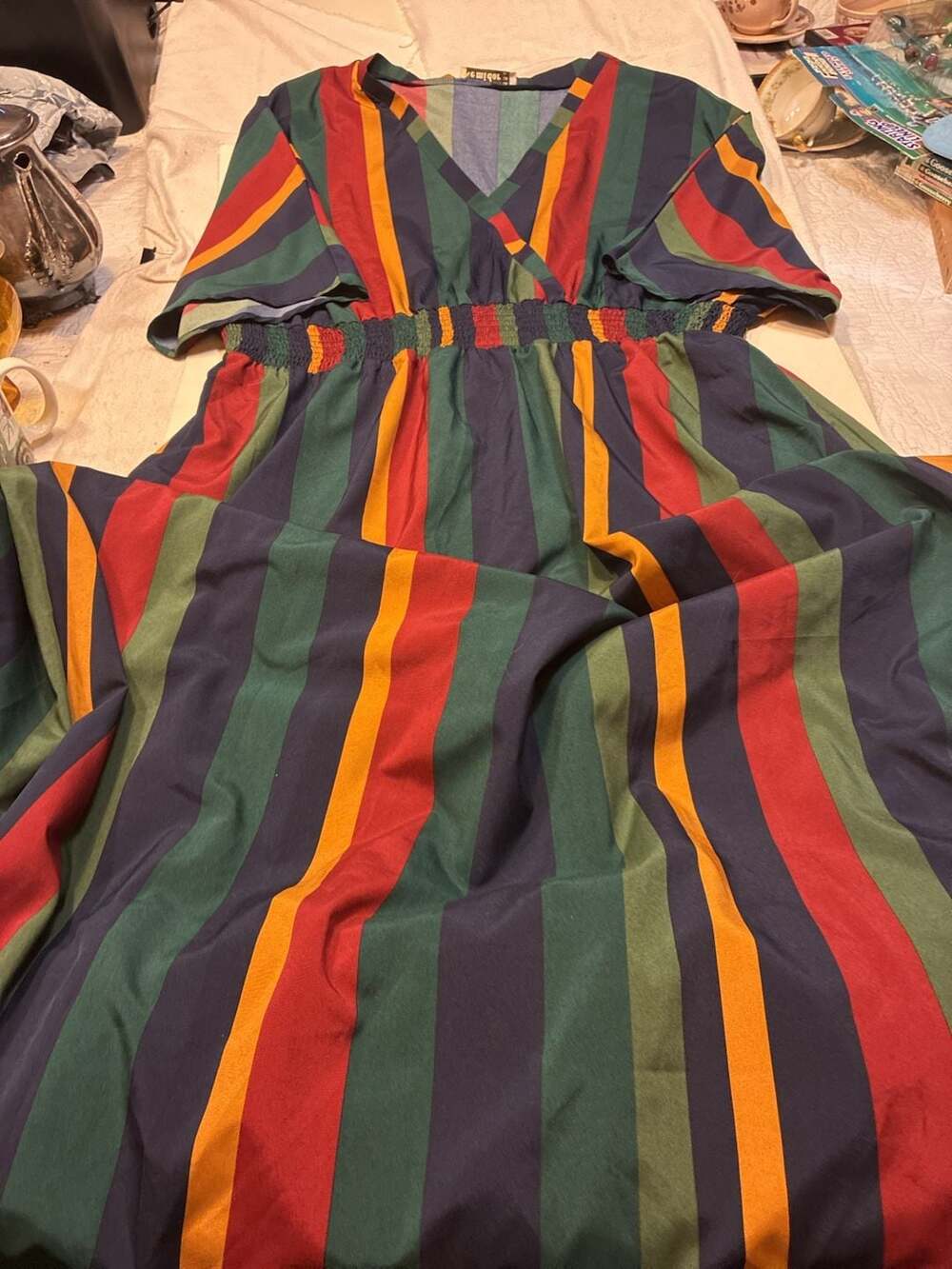 Nemidor Women Plus Size Casual V-Neck Striped Maxi Dress